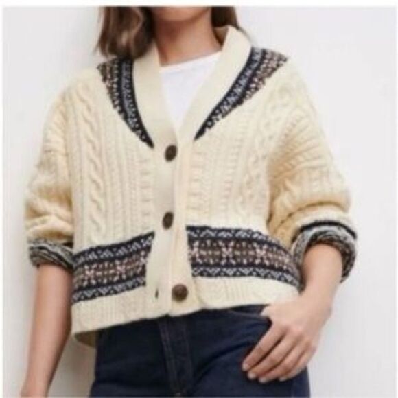 Zara Cozy Cream Chunky Cable Knit Oversized Semi-Cropped Sweater (Size: Medium) - Picture 5 of 15